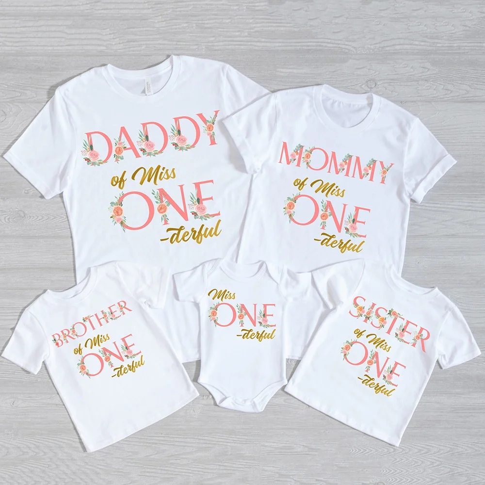 Miss ONE-derful Birthday Family Shirts Floral 1st Birthday Girl Mom Dad Brother Sister Matching Tops Tee Birthday Party Outfits