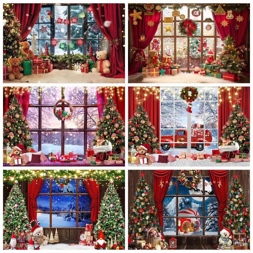 

Christmas Glitter Lights Window Toy Bears Gifts Photography Backdrop Xmas Tree Family Party Portrait Photocall Background Decor