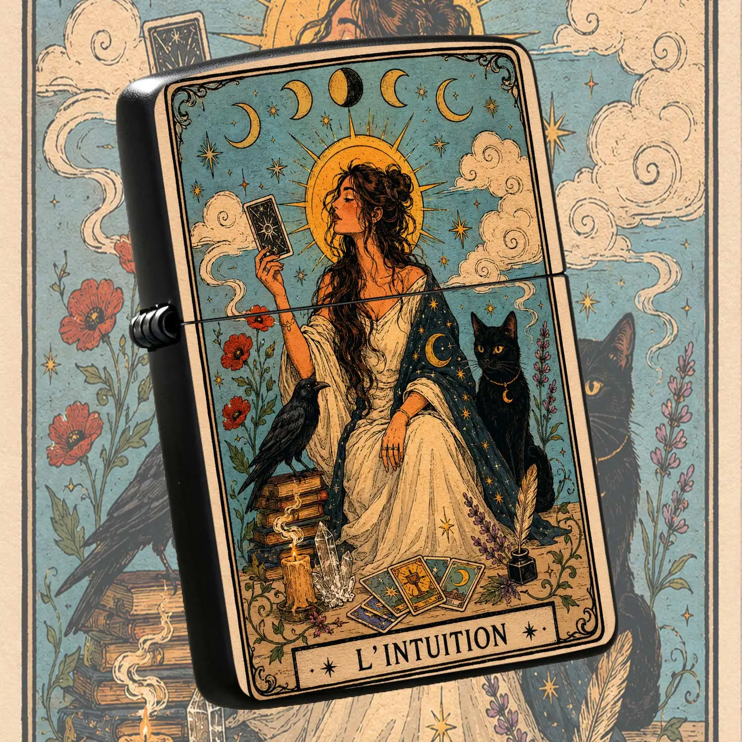 Flip-top Pocket Windproof Lighter, Retro Intuition Tarot Themed with Mysterious Moon Goddess CrowPattern, Portable Collectible, Ideal Gift for Fans of Occult and Vintage Aesthetics Humorous and Fun Lighter