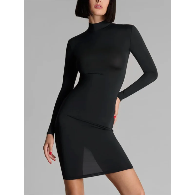 

Summer Slim Fit Midi Dress Women Sexy Sheer Mesh Insert Long Sleeve High Neck Black Bodycon Party Clubwear Women's Clothing