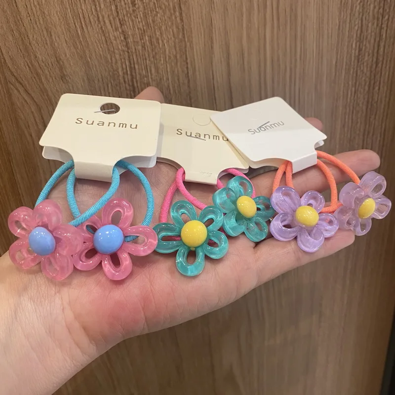 2024 New Korean Style 2Pcs/Set Girls Cute Elastic Hair Bands Baby Transparent Flower Hair Ties Kids Lovely Hair Rubber Bands