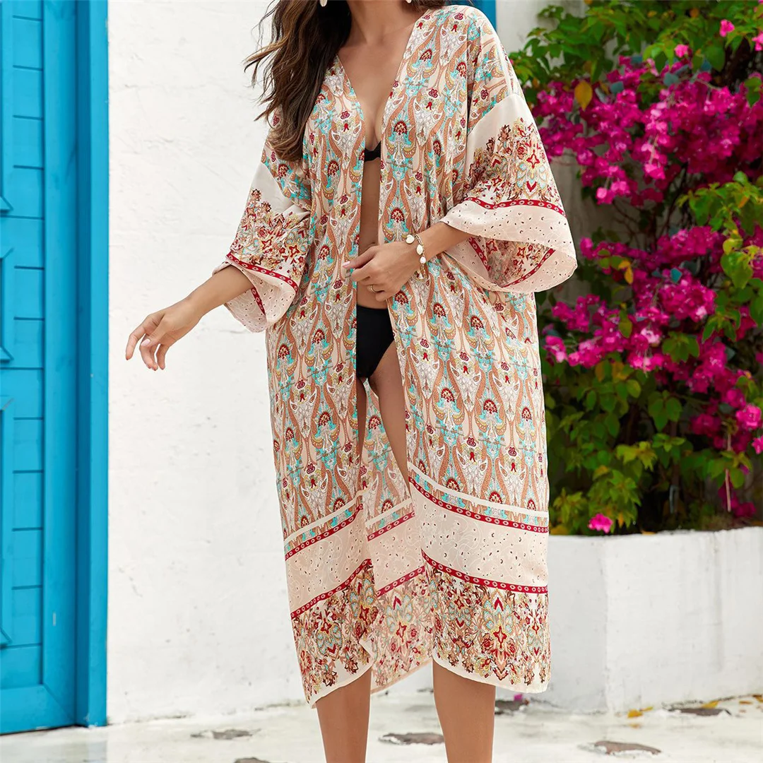 Bedrucktes, langärmeliges, gehäkeltes Strick-Cardigan-Tunika-Strandkleid, Strandmode, Strandbekleidung, Strand-Cover-up, Damen V7203 – Detail 11