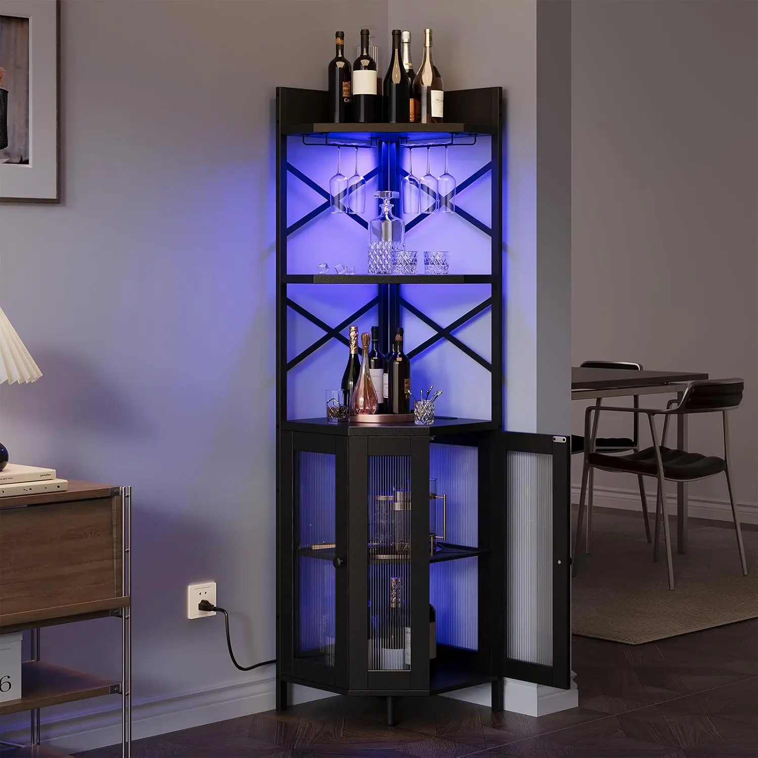 

Corner Bar Cabinet with Power Outlet, 5-Tier Corner Wine Cabinet with Led Strip and Glass Holder, Industrial Tall, Customized