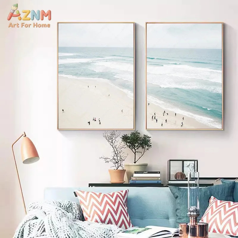 AZNM Minimalist Coastal Beach Canvas Wall Art, Neutral Blue Ocean Wave Print, Frameless Aerial View Seaside Landscape Canvas Pai