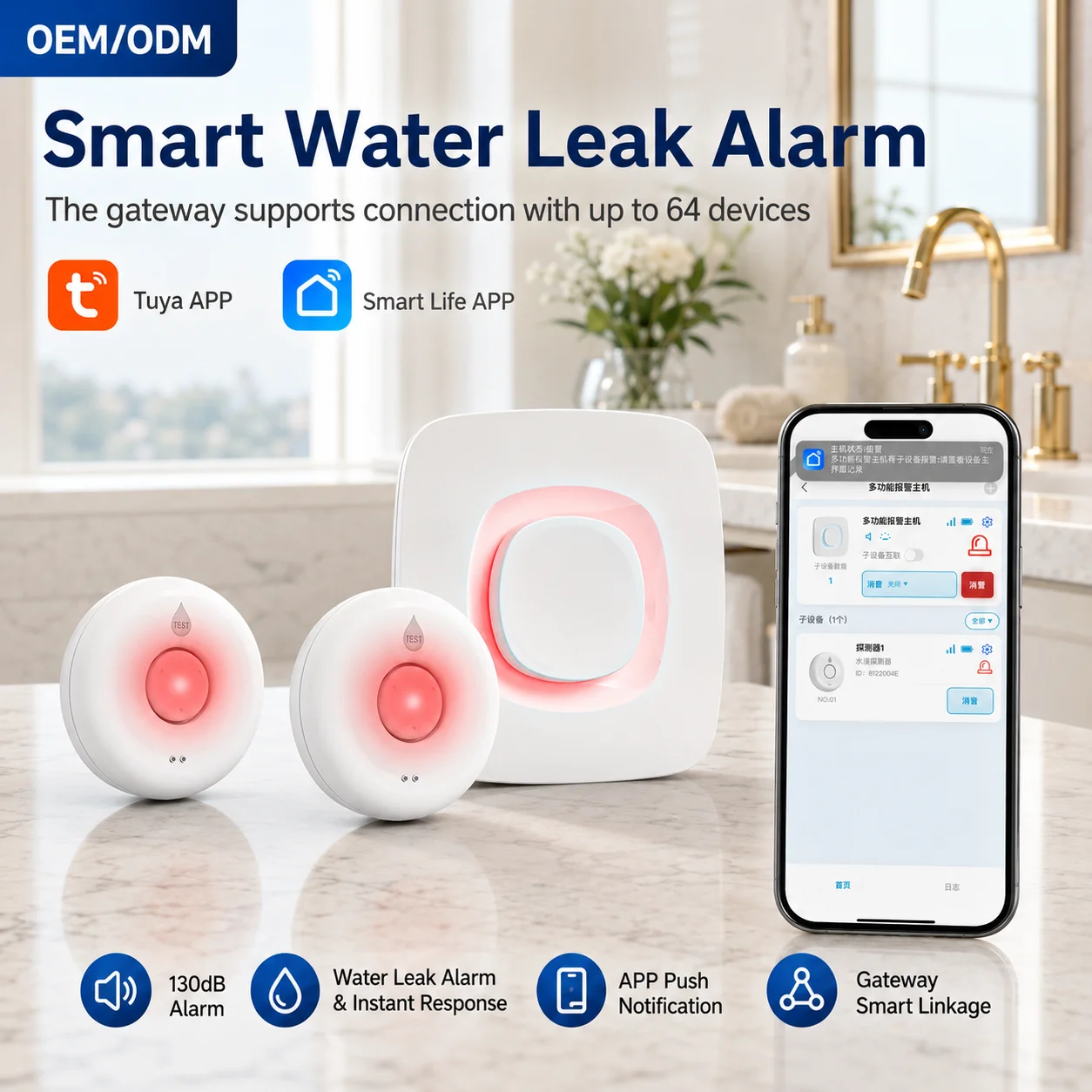 130dB High Decibel Water Leak Detector Starter Kit Included WiFi Hub Gateway Wireless Flood Alarm For Kitchen Basement