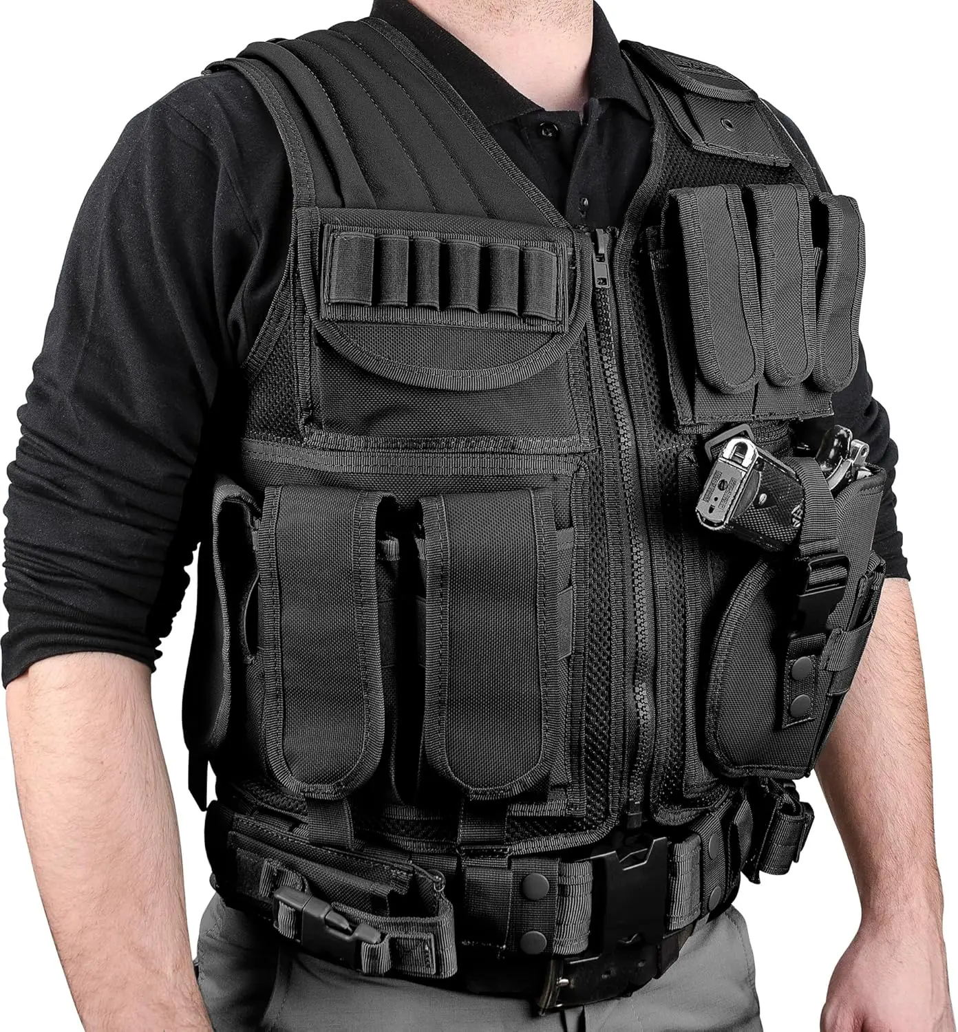 

Tactical Vest with Holster, Belt, Pouches, and Pockets - for Airsoft, Paintball, Hunting