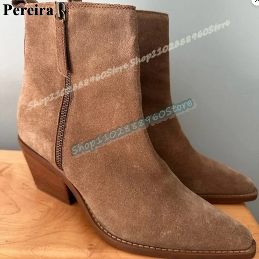 

Occidental Brown Suede Pointy Ankle Boots Thick Heel Shoes For Women Side Zipper Pointed Toe Fashion Banquet Zapatos Para Mujer