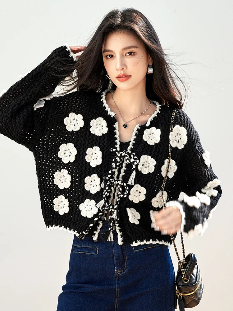 Knitted Cardigan Jacket Women\'s Autumn Winter Design Sense Niche Casual Loose Three-dimensional Crochet Sweater