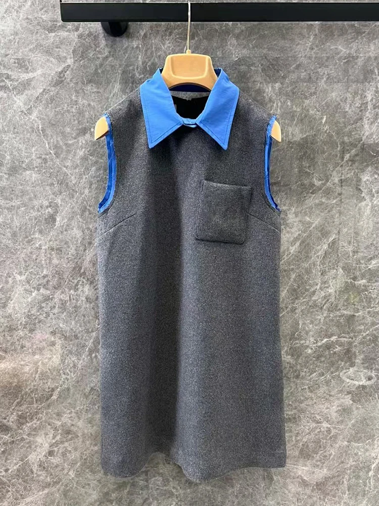 Spring 2025 Women's new preppy retro color matching lapel fake two wool sundresses fashion straight-leg sleeveless dress