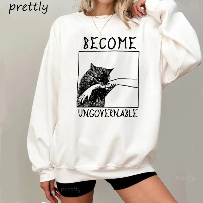 Word Ungovernable Black Cat Bijtende Hand Grappige Sweatshirts Lange Mouw Trui Grafische Hoodies Y2k Kleding Streetwear Tops