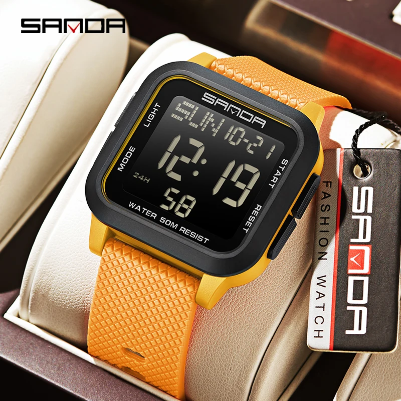 SANDA Fashion Men's Student Electronic Watch Outdoor Sports 50M Waterproof Night Light LED Men's Watch Casual Square Watch