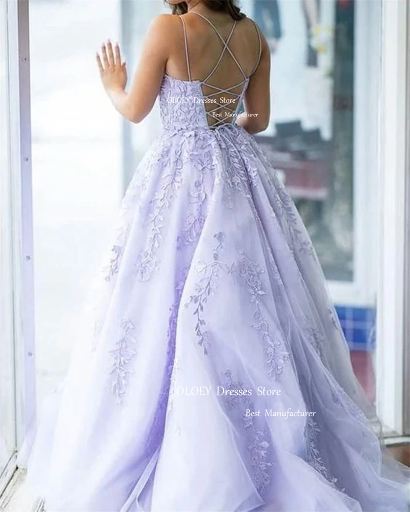 OLOEY elegante lavanda Tulle pizzo floreale abiti da ballo lunghi cinghie Criss cinghie incrociate abiti da sera abito da festa formale