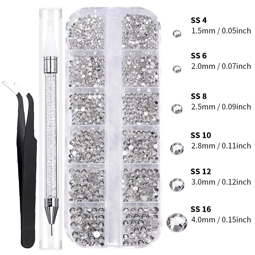 12 grilles 3D blanc Nail Art strass et 2 outils tailles mixtes Flatback rond verre diamant breloques pour ongles bricolage artisanat accessoire de manucure