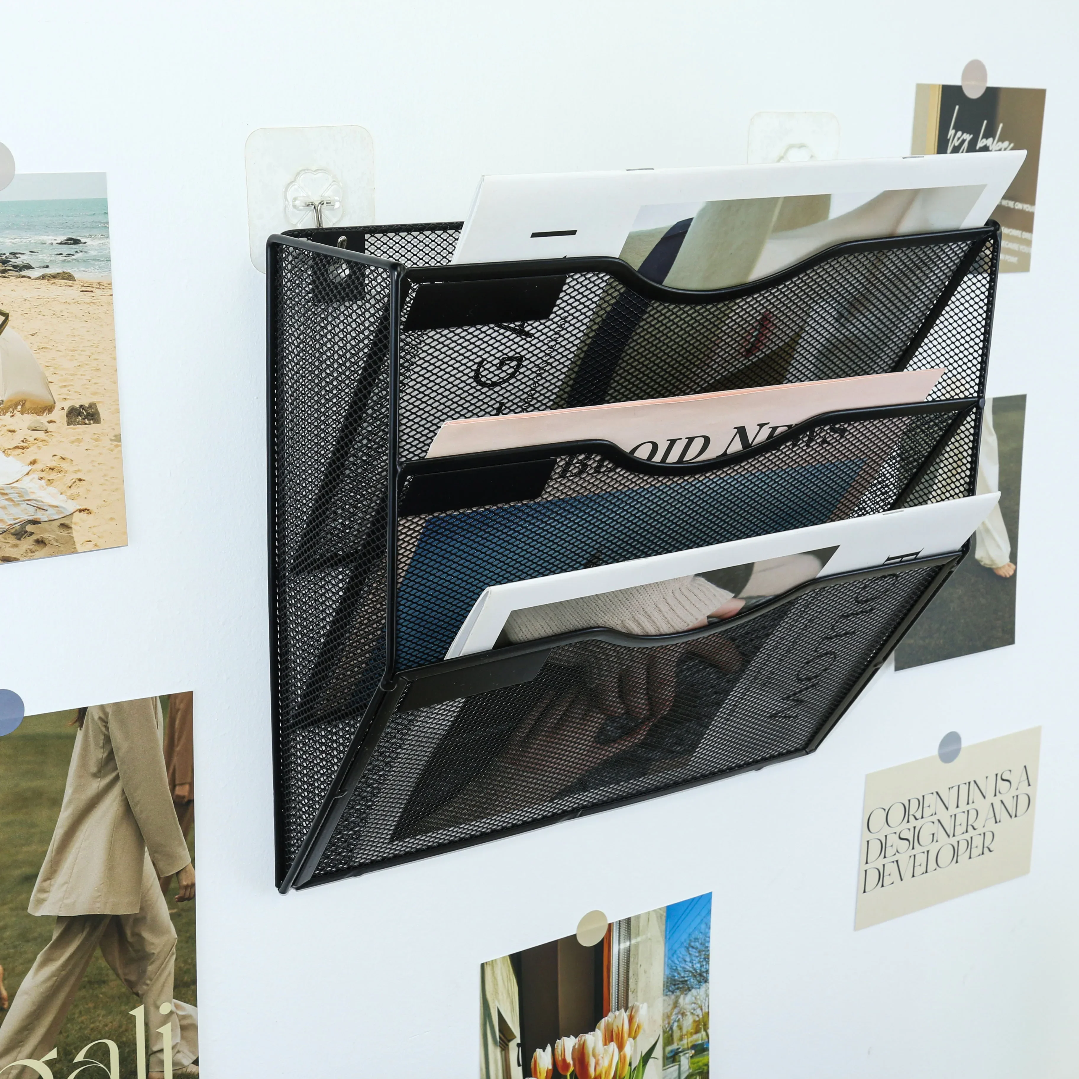 

Hanging Wall File Organizer 3 Pocket Mesh Office Mail Paper Organization Hanging File Holder Magazine Rack Bin with Nametag