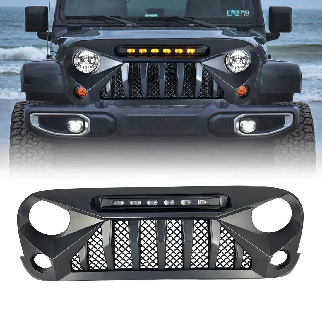 

Car Grill Front Matte Black Mesh Grille with Amber LED Lights For 2007-2018 Jeep Wrangler JK JKU