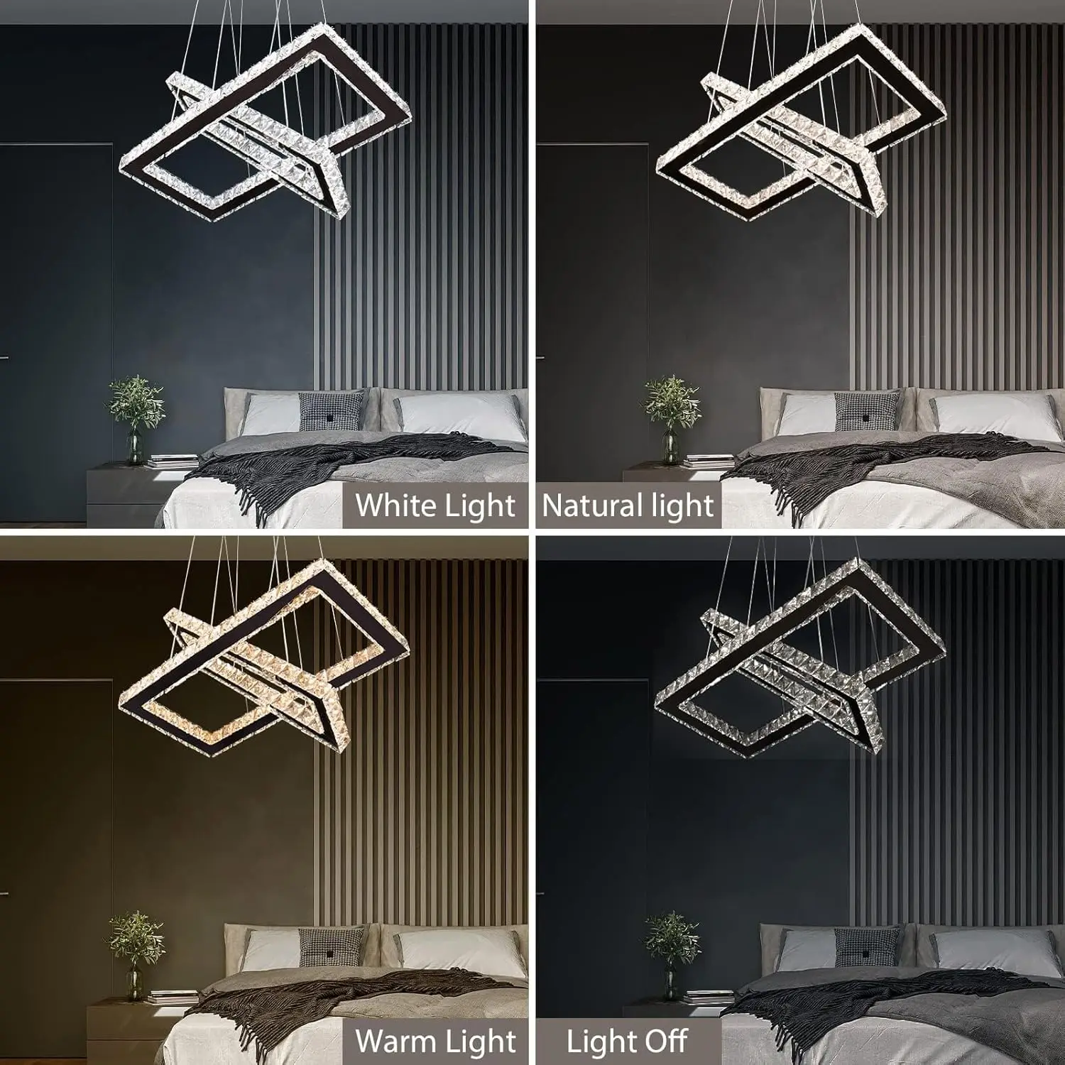 Finktonglan Moderne Kristall-Kronleuchter mit Fernbedienung, 20,5'' Regulatório 2 Ringe Rechteckige LED-Kristall-Kronleuchter, Inse