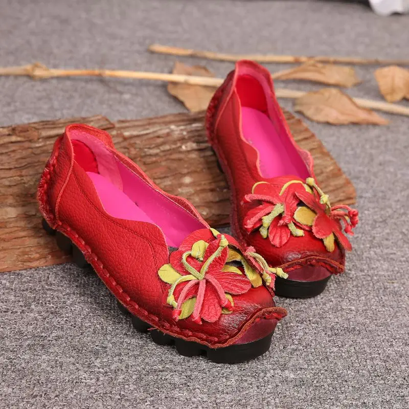 Retro Ballet Flats Women\'s Luxury Designer Genuine Leather Shoes Ladies Autumn Thick Cushion Loafers Woman Flower Moccasins