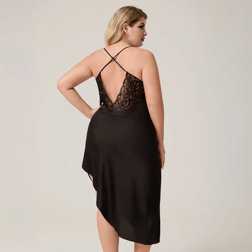 Sexy Black Hollow Lace Patchwork Nightgown Female Sleepwear Nightdress Temptation Silk Satin Nightwear Home Dress