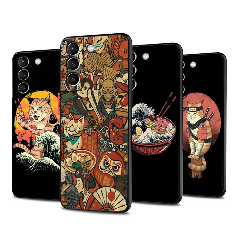 Case For Samsung Galaxy S20 S22 S21 FE S10 S23 Plus S24 Note 20 Ultra 10 Black Soft Phone Shell Great Ramen Wave Japan S24Ultra