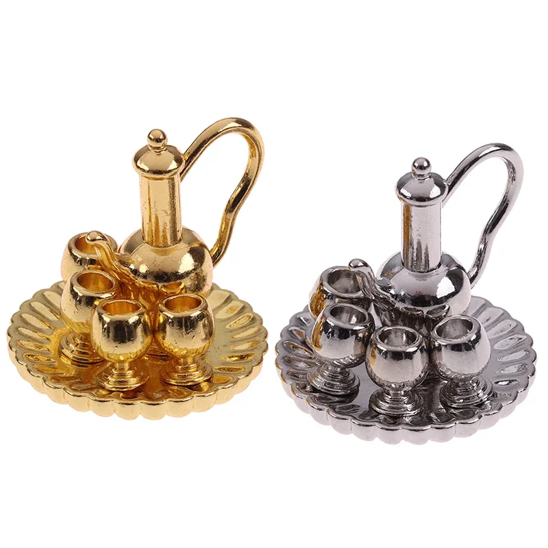 1: 12 Set da tè in metallo in miniatura per casa delle bambole, teiera, tazza, piatto, mobili, giocattoli