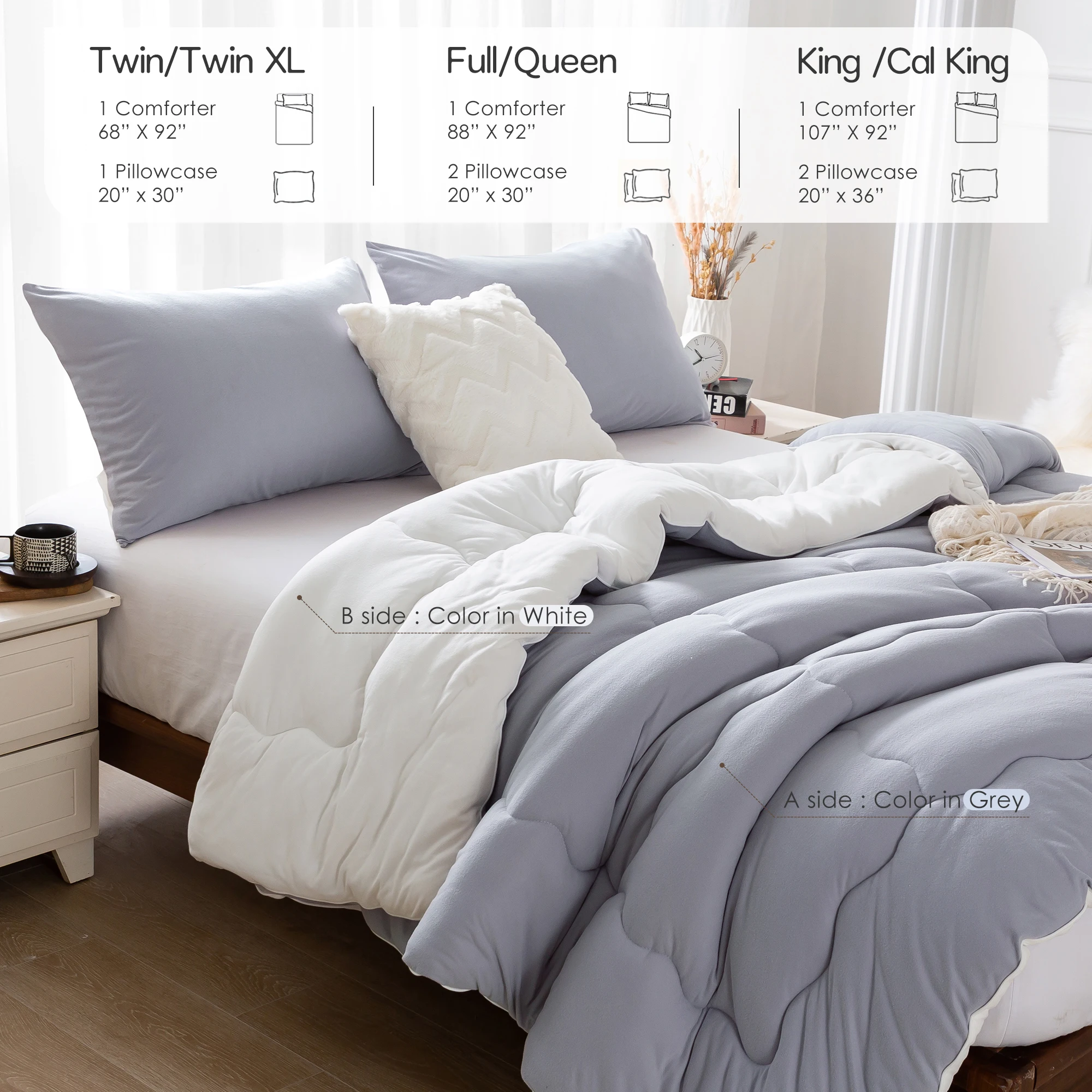 

Bedding Comforter Set and pillow sham,Warm California Cal King Medium Weight Cozy Breathable for all season-Light grey and White