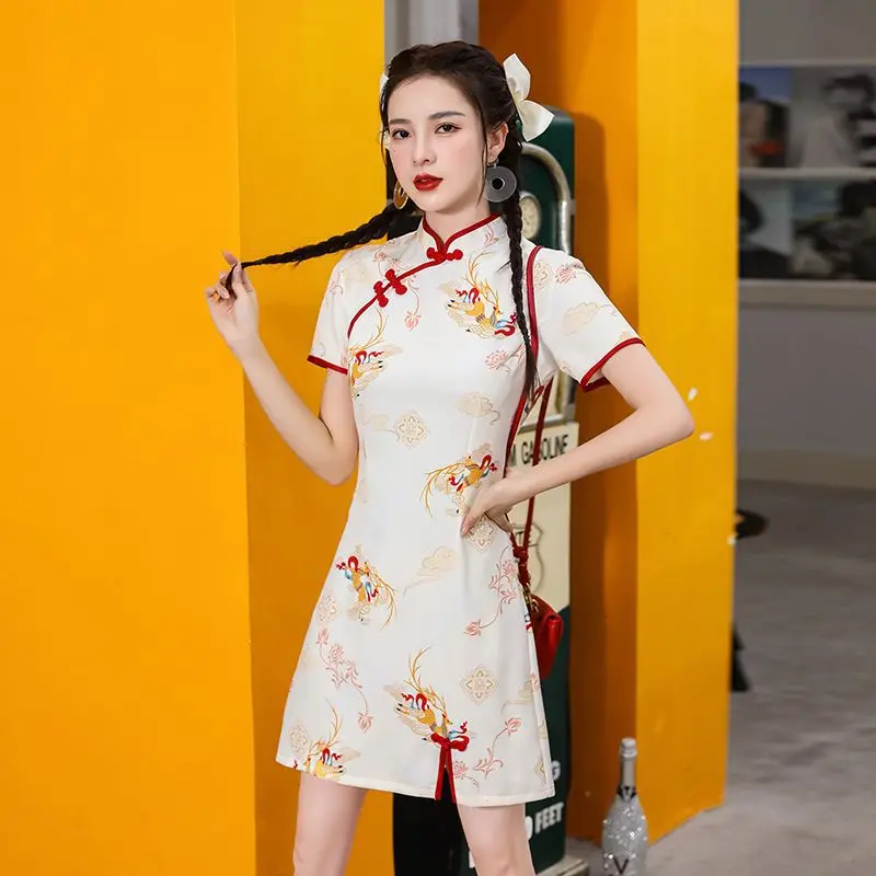 2024 Spring Cheongsam Traditional Chinese Qipao Costume Trendy Short Vintage Dress Sexy Women Modern New Year Dresses New