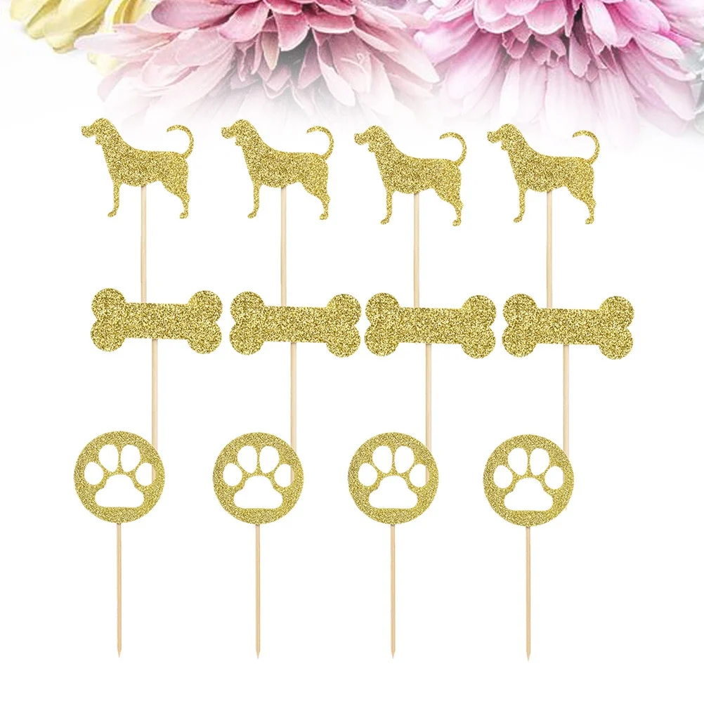 

12Pcs Bone Cake Topper Footprint Decor Insert for Kids Birthday Party Cupcake Cake Fruit Ice Cream Decoration