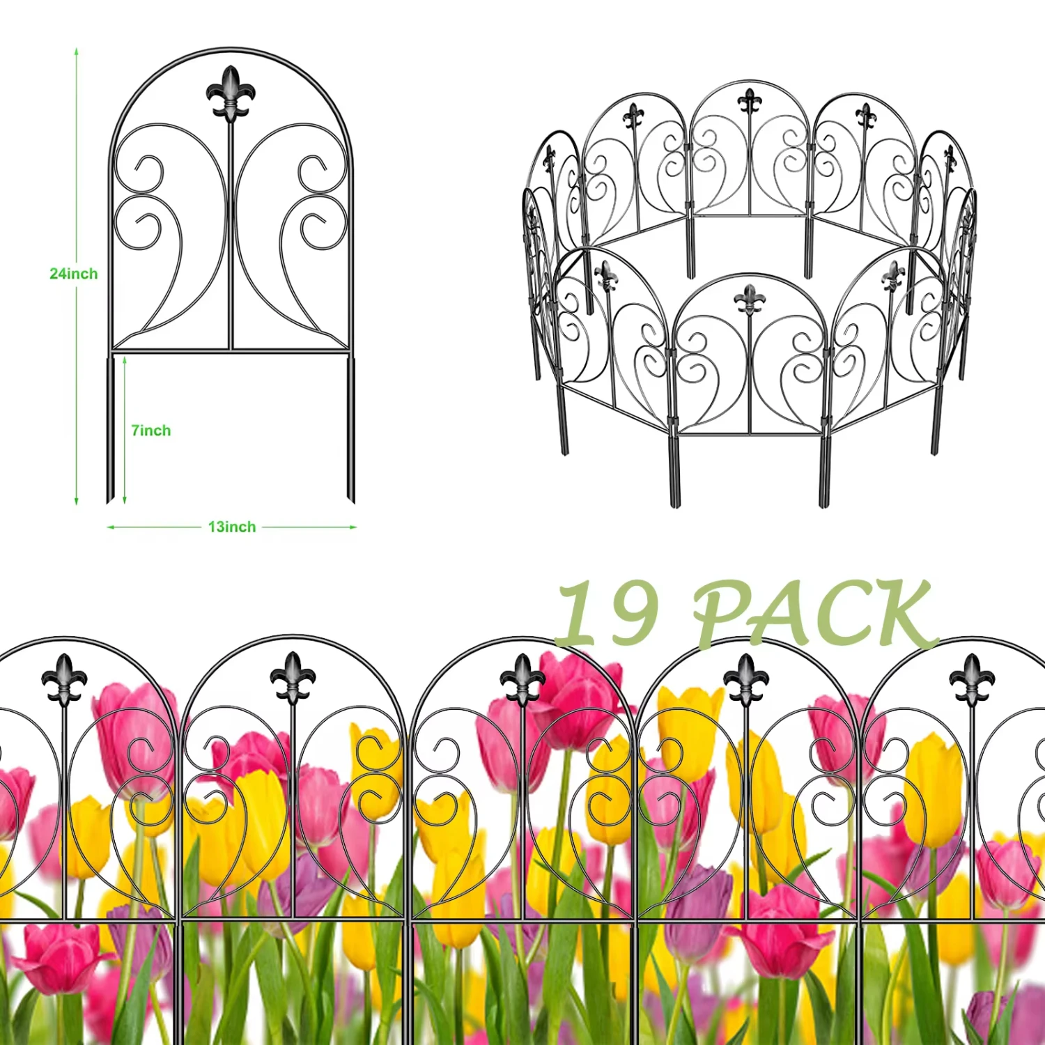 

19 PackDecorative Garden Fence, 24in(H) x 20ft(L) Animal Barrier Fence, Rustproof Metal Fencing Yard