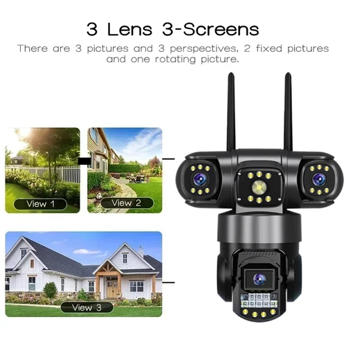 Imagen 2 del producto Cámara IP WiFi de tres lentes 4G SIM HD 15MP para exteriores impermeable intercomunicador bidireccional a todo Color visión nocturna PTZ CCTV V380 PRO cámara