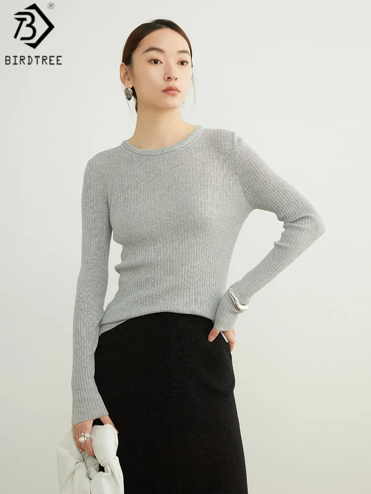 Birdtree, Wool Blended Solid Sweater, Full Sleeve O-neck Tops, Women Knitted Slim Elegant Undershirt, 2026 Autumn New T67050JF