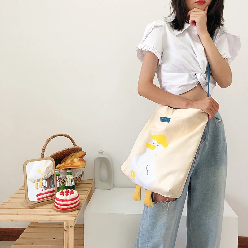 Large Capacity Woman Cute All-Match Shoulder bag Yellow Duck Bags Casual Canvas Shopping With Simple Crossbody bag Sweet Girls