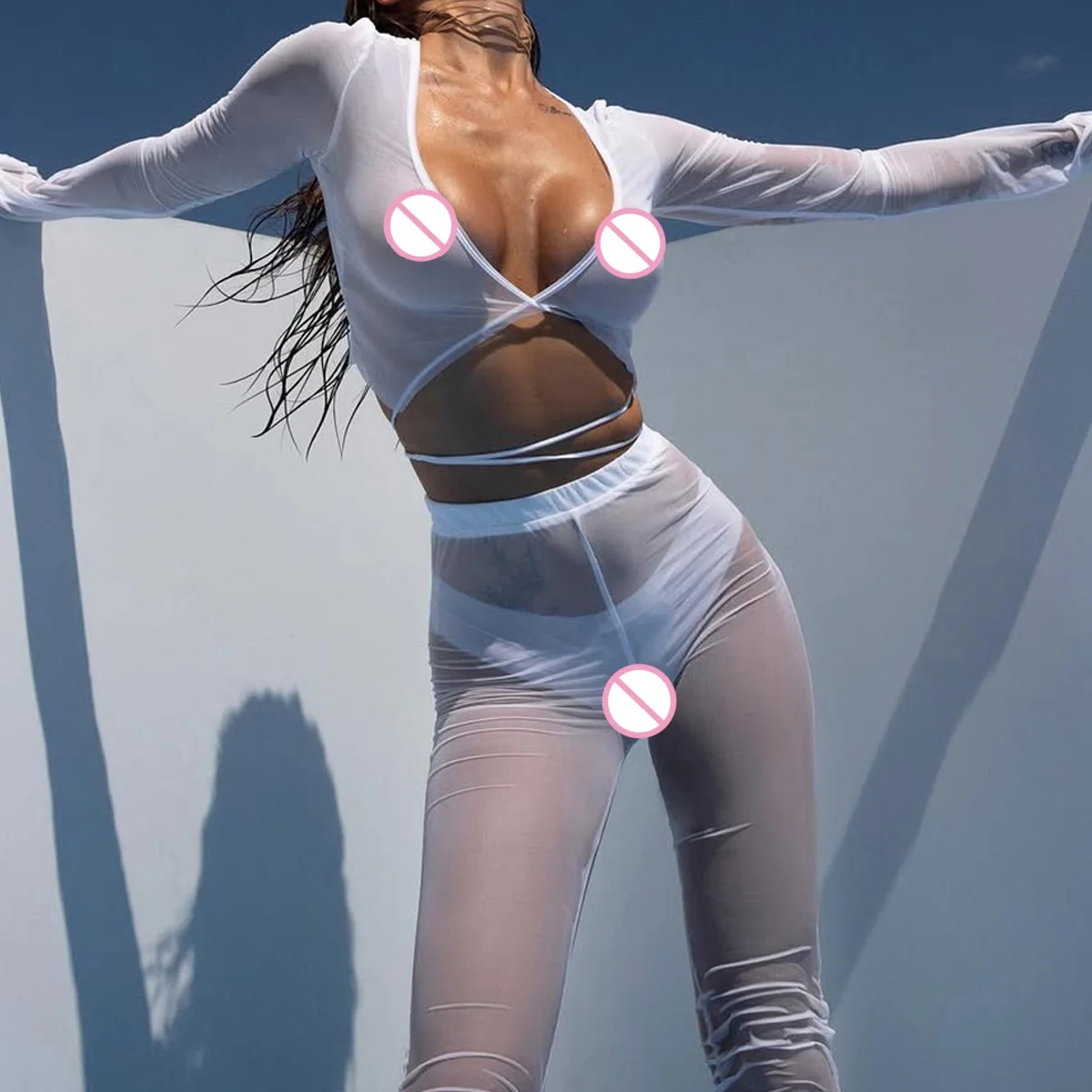 

2025 new transparent comfortable mesh pants shaping body, intellectual and sexy pure desire cover up shirt split set