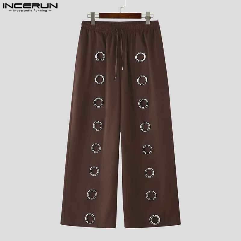 INCERUN Men Pants Solid Color Drawstring Joggers Loose Hollow Out Trousers Men Streetwear 2025 Fashion Casual Long Pants S-5XL