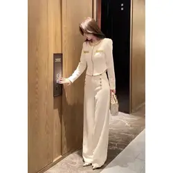 Woman's Fragrance Bright Silk Stitching Texture Blazer Wide-leg Pants Set Retro Contrast Round Neck Suit  Two-piece Sets