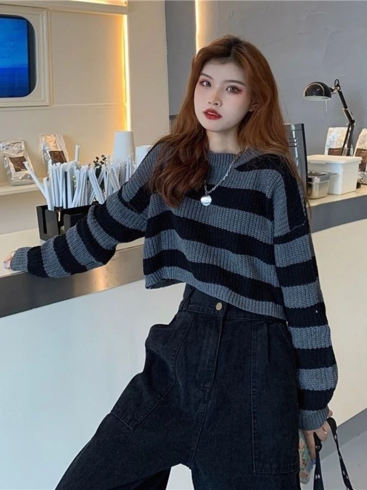 Y2k Subculture Striped Loose Casual Sweaters 2000s Harajuku American Vintage Pullovers Autumn Winter New Warm Tops Short Sweater