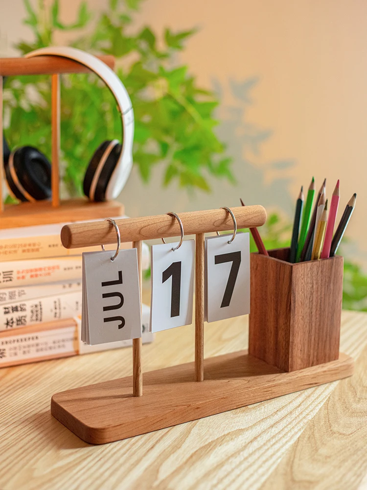 Light luxury wood page-turning calendar desk calendar decorative ornament office desktop pen holder