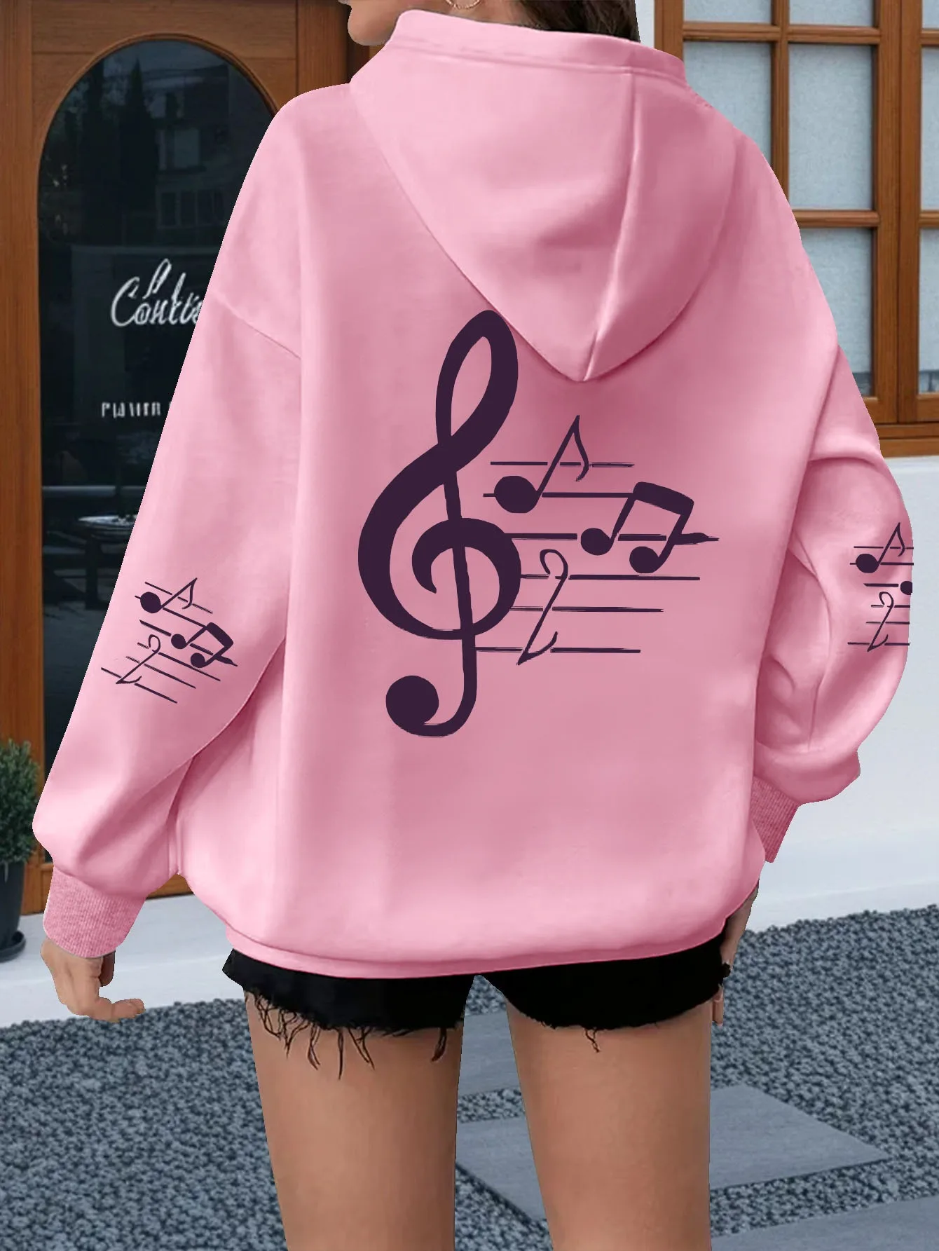 Women Musical Note Pattern Print Hoodie Unisex Autumn Winter Fleece Oversized Hooded Everyday Outdoors Hoodie for Any Occasion