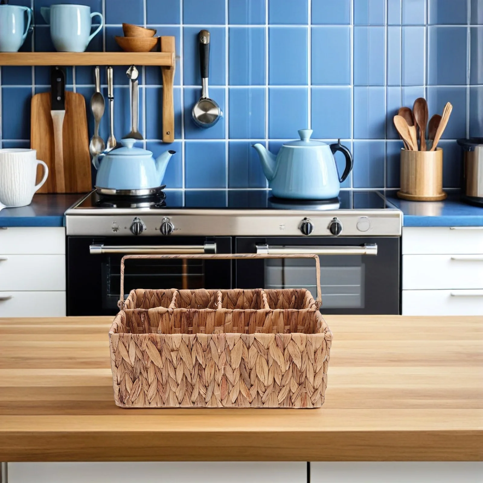 

Wicker Silverware Caddy Handwoven Picnic Basket 5 Compartments Flatware Organizer Portable Cutlery Utensil Holder for Party