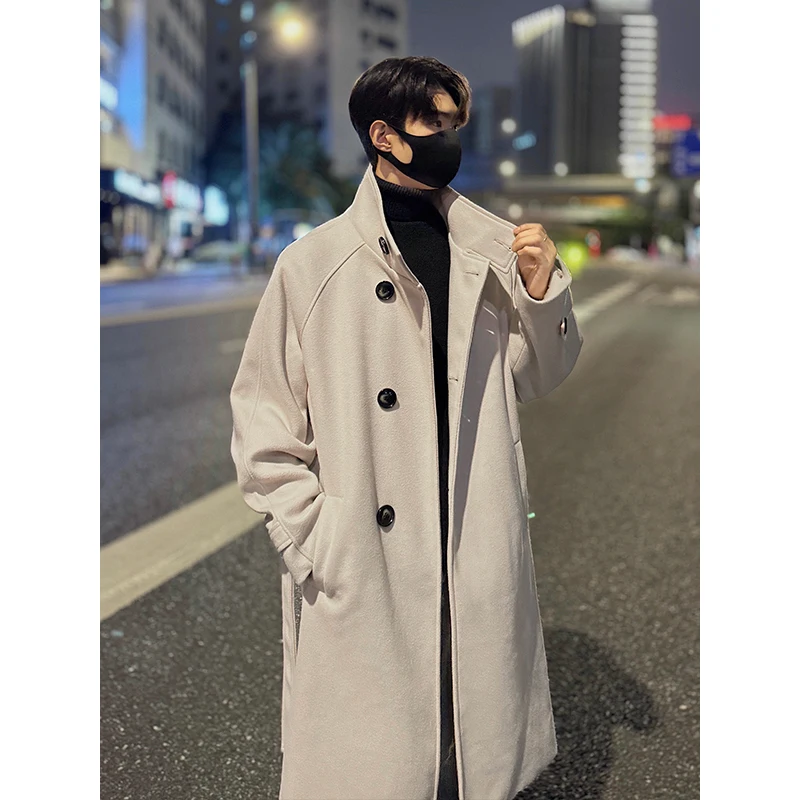 

New 2025 Autumn Winter Men Imitation Wool Overcoat Stand Collar Mid Long Single Breasted Windproof Warm Coat Fashion Outerwear