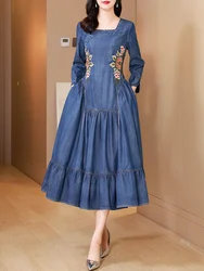 TIYIHAILEY Long Mid-Calf Denim Dress Embroidery Square Collar Full Sleeve Women Ladies Dress M-3XL Autumn and Spring 2026 New
