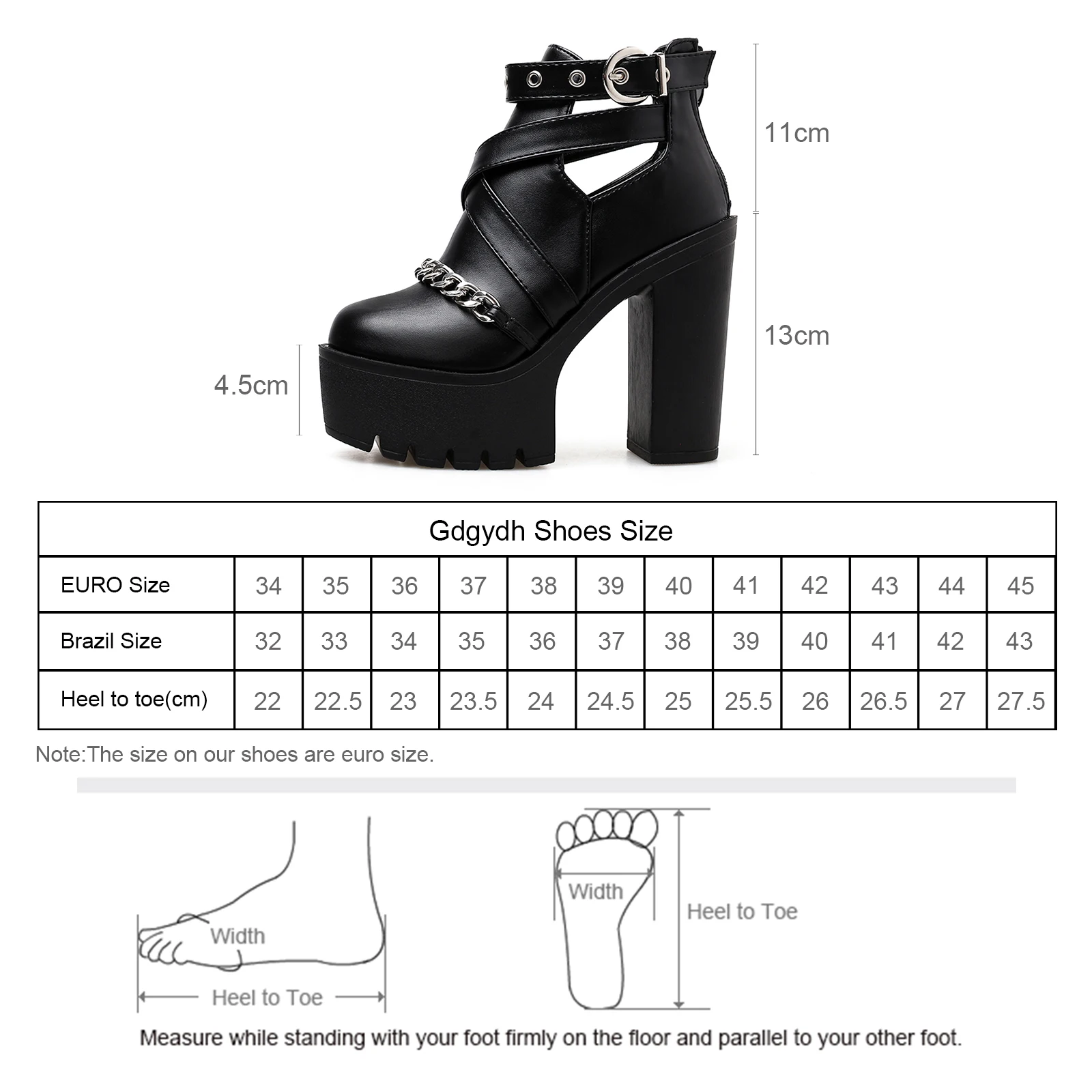 Gdgydh Women\'s Chain Decor Block Heeled Boots Round Toe Solid Color Back Zipper Heels Fashion Buckle Strap Short Boots Gothic