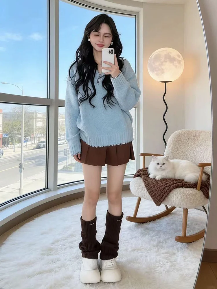 

Blue Hooded Lace Insert Color Blo Knitwear Women's Loose Fit Comfortable Sle Autumn Winter New Arrival Casual Top