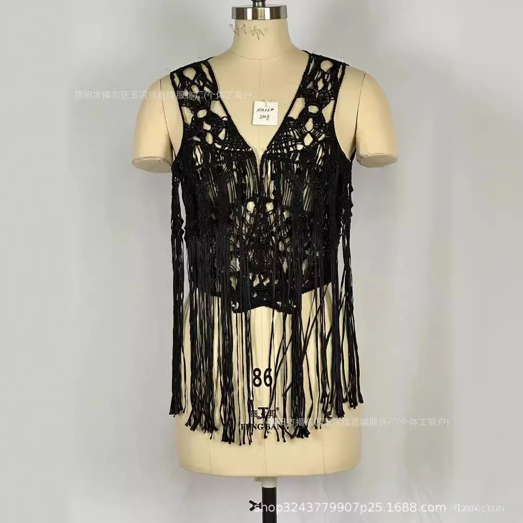 

N1466 Sexy Hot Bohemian Style Women's Seaside Cutout Sun Protection Vest Fashion Design Cardigan Handmade Woven Haute Couture