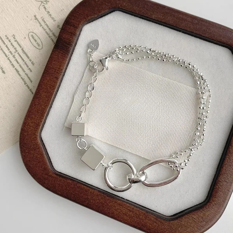 925 Sterling Silver Multi Layer Interlocking Bracelet Korean Version Fashionable Square Geometric Jewelry Gift for Women