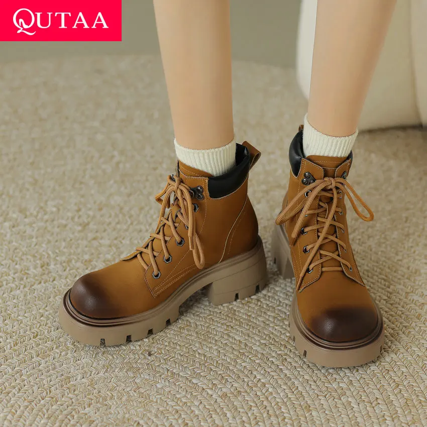 

QUTAA 2024 Women Ankle Boots Motorcycle Autumn Winter Splicing Genuine Leather Shoes Woman Casual Outdoor Leisure Size 34-39