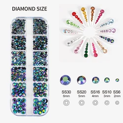 12Grids Mixed Size Round Rhinestone Nail Charms Flat Back Solid Color Crystal Beads Nail Jewelry Shining Manicure Gems Decor PH