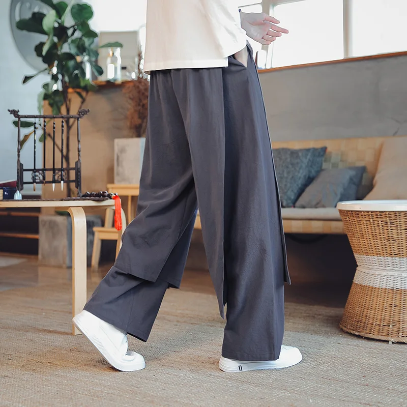 2026 Gemütliche schwarze Baumwolle Leinen Hakama Kung Fu Hosen Männer Patchwork breiten Boden Wushu Hosen männlichen chinesischen Osten Stil grau Harem Hosen