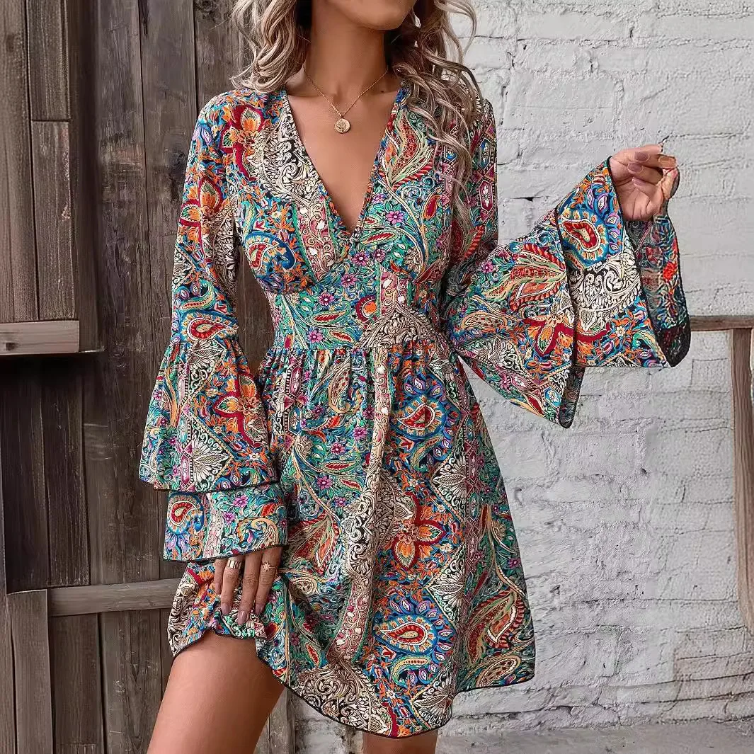 2026 Women’s Elegant V Neck Print Double Layer Flare Sleeve Waist Tie Slimming Versatile Commute Daily Vacation Boho Style Dress