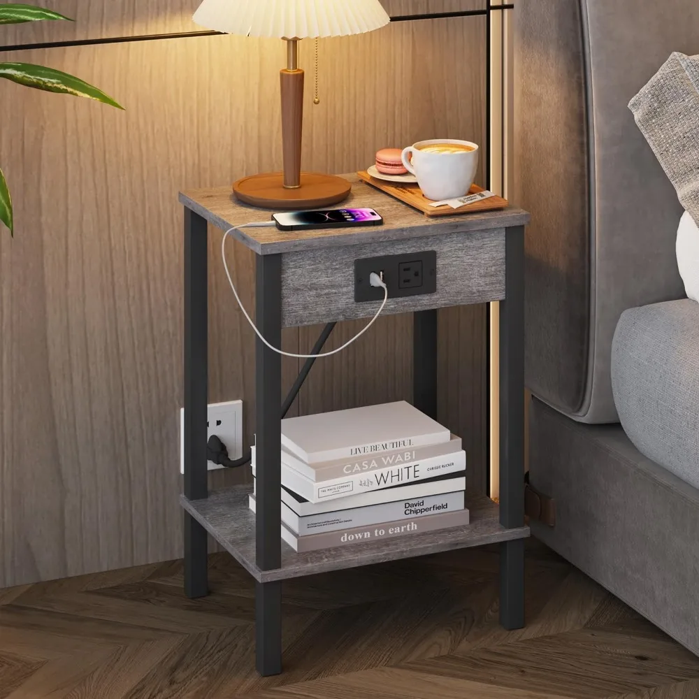 Set of 2 End Table with Charging Station, Narrow Side Table with USB Ports and Outlets, Nightstands with 2-Tier Storage Shelves