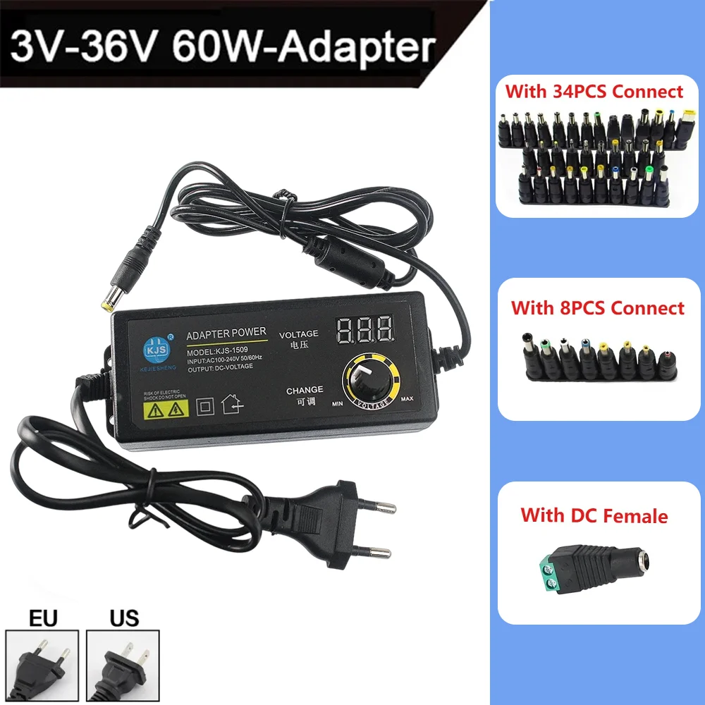 

3-36V 60W Power Switching Adapter EU/US Adjustable Power Supply Adapter with LED Display Screen Universal Adapters